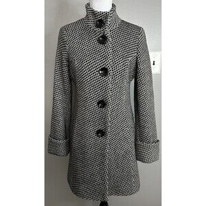 Anne Klein Black White Wool Blend Mid-Length Coat Sz XS Fully Lined Peacoat
